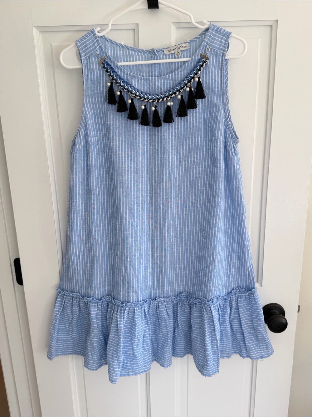 See and Be Seen Blue Stripe Cotton Tassel Ruffle Shift Dress‎ Size M